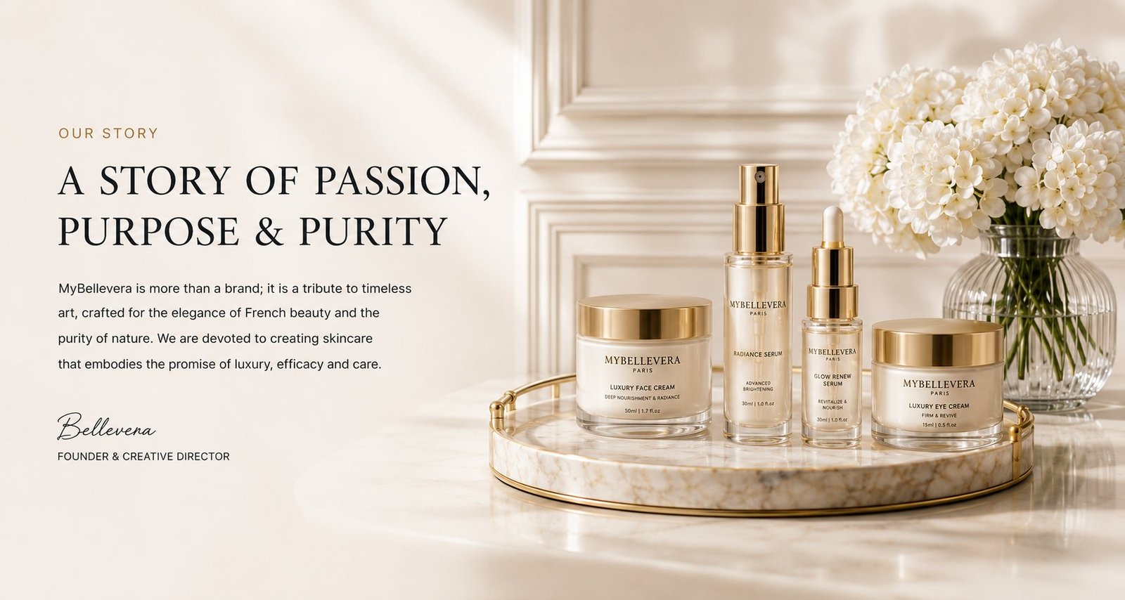 Our Story — a story of passion, purpose and purity. Signed, Bellevera, Founder and Creative Director.